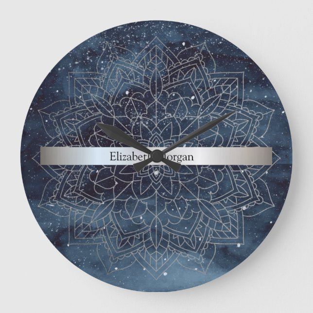 Elegant Modern Silver Mandala Stripe Navy Blue Large Clock (Front)