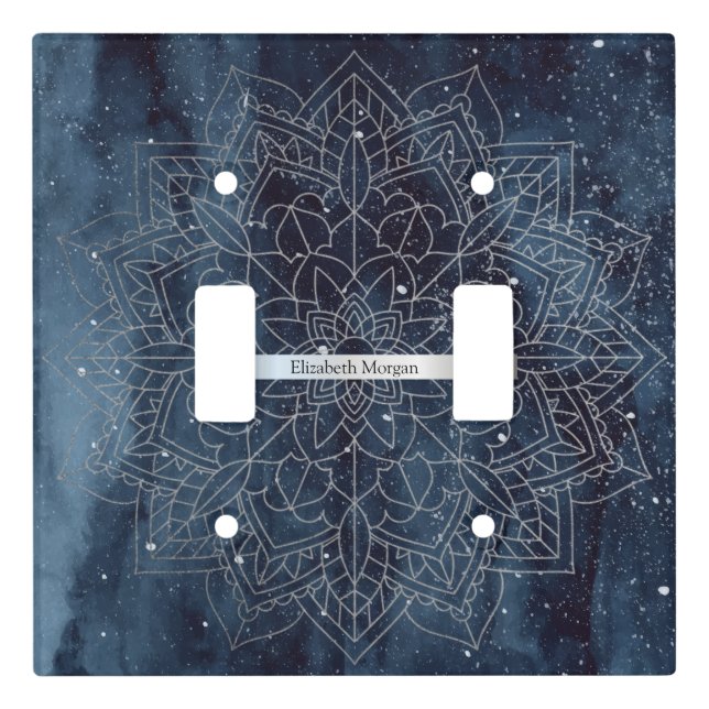 Elegant Modern Silver Mandala Stripe Navy Blue Light Switch Cover (Front)