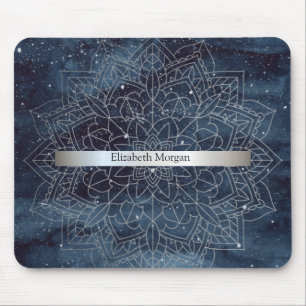 Elegant Modern Silver Mandala Stripe Navy Blue Mouse Pad