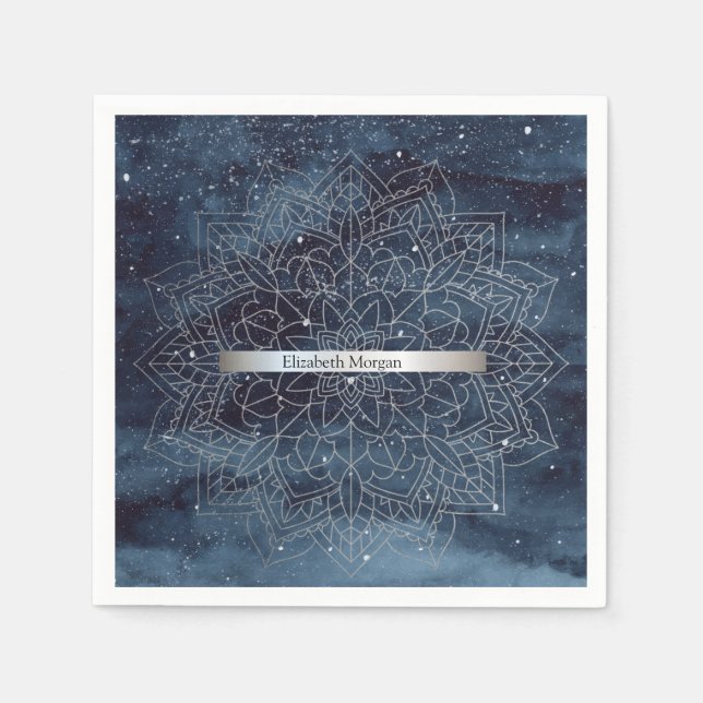 Elegant Modern Silver Mandala Stripe Navy Blue Napkins (Front)
