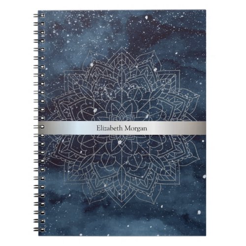 Elegant Modern Silver Mandala Stripe Navy Blue Notebook