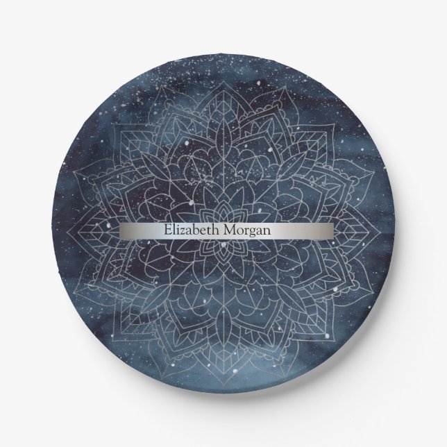 Elegant Modern Silver Mandala Stripe Navy Blue Paper Plates (Front)