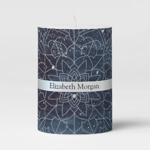 Elegant Modern Silver Mandala Stripe Navy Blue Pillar Candle