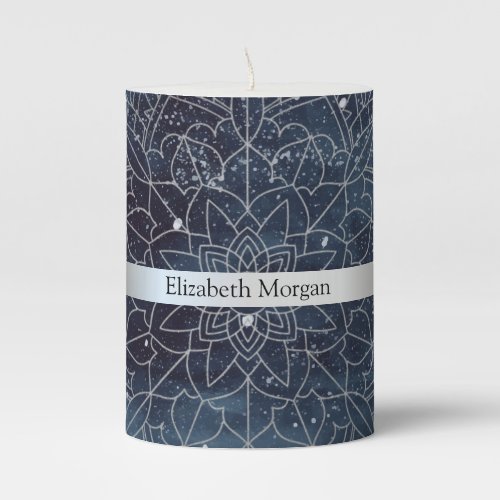 Elegant Modern Silver Mandala Stripe Navy Blue Pillar Candle