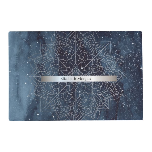Elegant Modern Silver Mandala Stripe Navy Blue Placemat (Front)