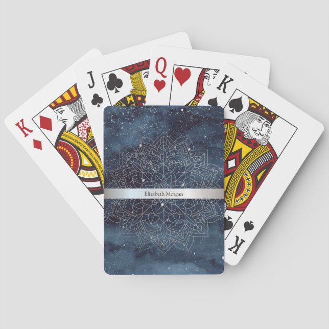 Elegant Modern Silver Mandala Stripe Navy Blue Poker Cards (Back)