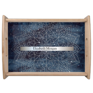 Elegant Modern Silver Mandala Stripe Navy Blue Serving Tray