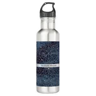 Elegant Modern Silver Mandala Stripe Navy Blue Stainless Steel Water Bottle