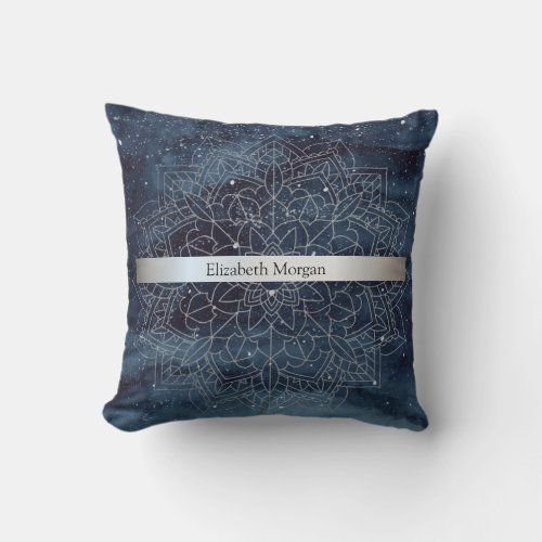 Elegant Modern Silver Mandala Stripe Navy Blue Throw Pillow