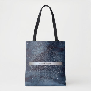 Elegant Modern Silver Mandala Stripe Navy Blue Tote Bag