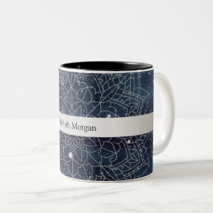 Elegant Modern Silver Mandala Stripe Navy Blue Two-Tone Coffee Mug