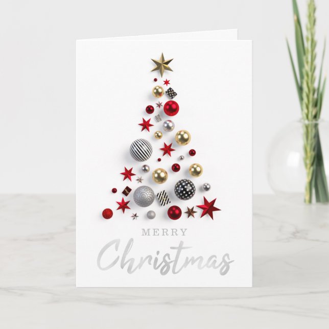 Elegant Modern Silver Merry Christmas Tree Holiday Card (Front)
