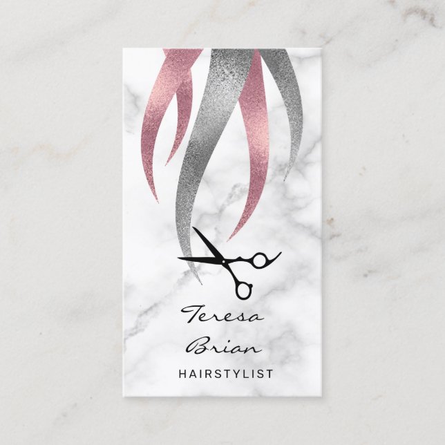 Elegant modern silver & pink scissors hairstylist business card (Front)