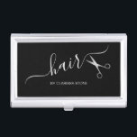 Elegant modern silver scissors hairstylist business card case<br><div class="desc">Modern and elegant design for hairstylists with faux silver scissors and elegant calligraphy font.</div>