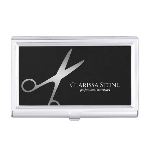 Elegant modern silver scissors hairstylist business card case