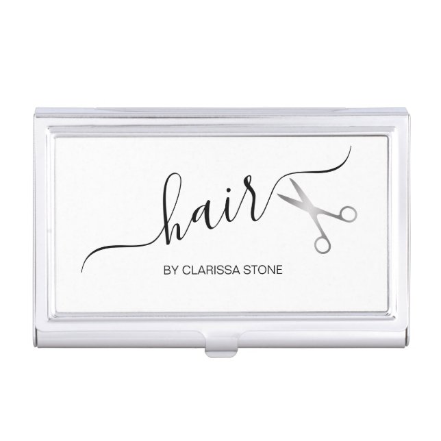 Elegant modern silver scissors hairstylist business card case (Front)