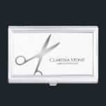 Elegant modern silver scissors hairstylist business card case<br><div class="desc">Modern and elegant design for hairstylists with faux silver scissors and elegant calligraphy font.</div>