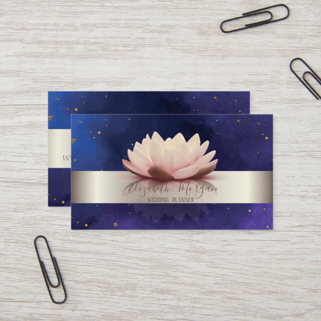 Elegant Modern Silver Stripe Lotus Blue Business Card (Front/Back In Situ)