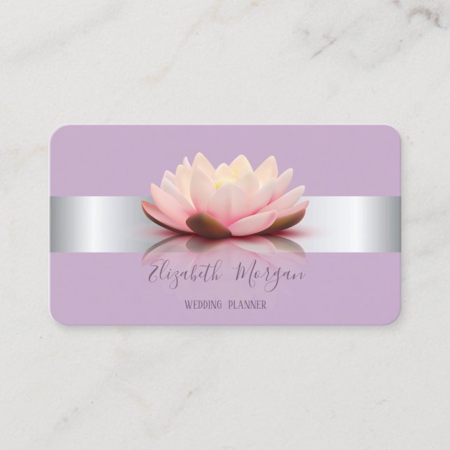 Elegant Modern Silver Stripe Lotus Flower Business Card (Front)