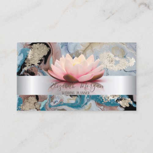 Elegant Modern Silver Stripe Lotus Marble Gold Business Card