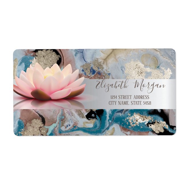 Elegant Modern Silver Stripe Lotus Marble  Label (Front)