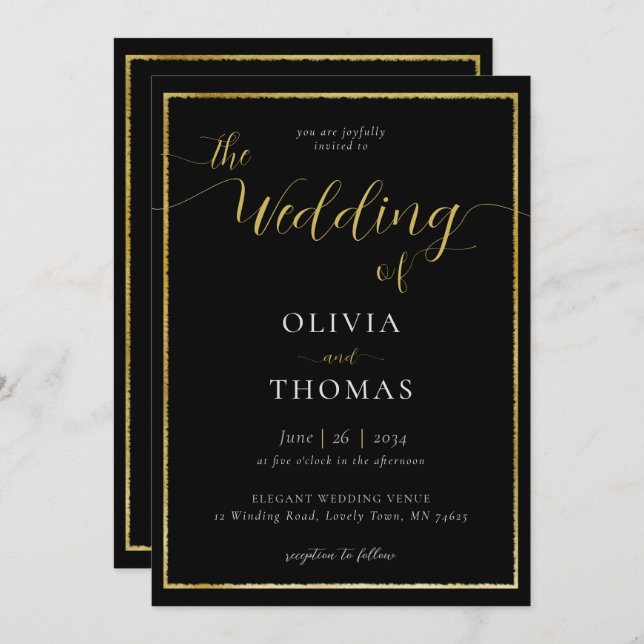 Elegant Modern Simple Black White Gold Wedding Invitation (Front/Back)