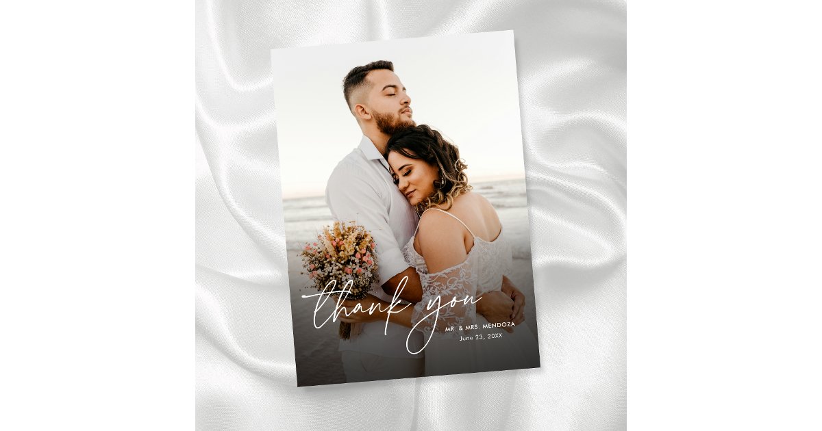 Elegant Modern Simple Calligraphy Photo Wedding Thank You Card | Zazzle