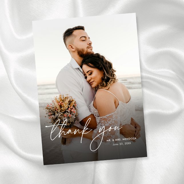 Elegant Modern Simple Calligraphy Photo Wedding Thank You Card (Creator Uploaded)