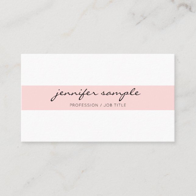 Elegant Modern Simple Cursive Script Pink White Business Card (Front)