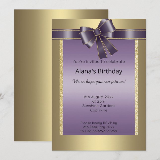 ELEGANT MODERN  SIMPLE GLITTER GOLD PURPLE BOW INVITATION (Front/Back)
