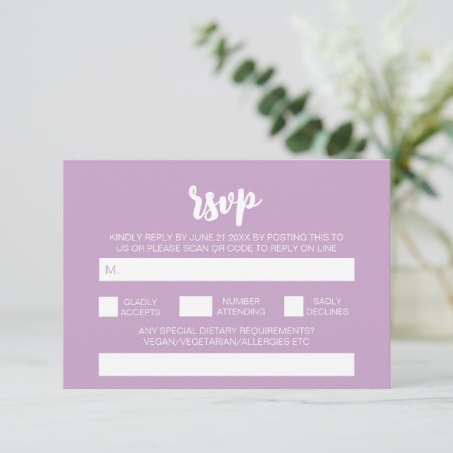 Elegant Modern Simple Lilac Wedding QR Code RSVP  Enclosure Card (Standing Front)