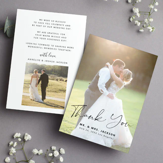 Elegant modern simple script 2 photos wedding thank you card | Zazzle