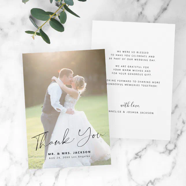 Elegant modern simple script photo wedding thank you card | Zazzle