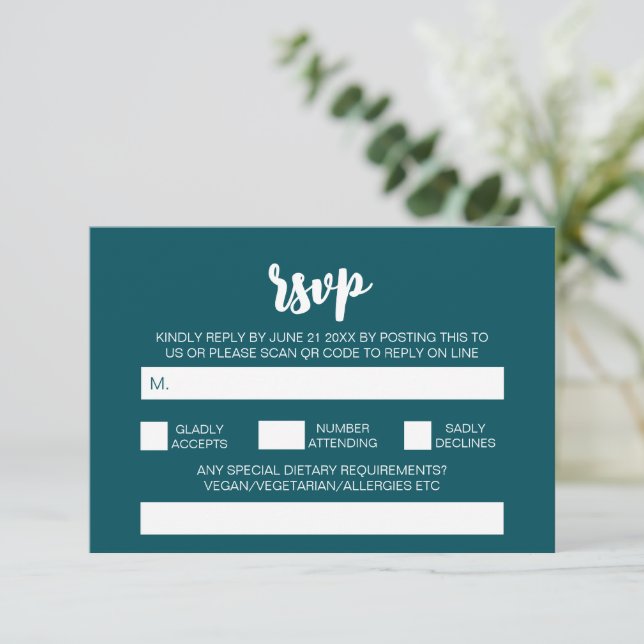 Elegant Modern Simple Teal Wedding QR Code RSVP  Enclosure Card (Standing Front)