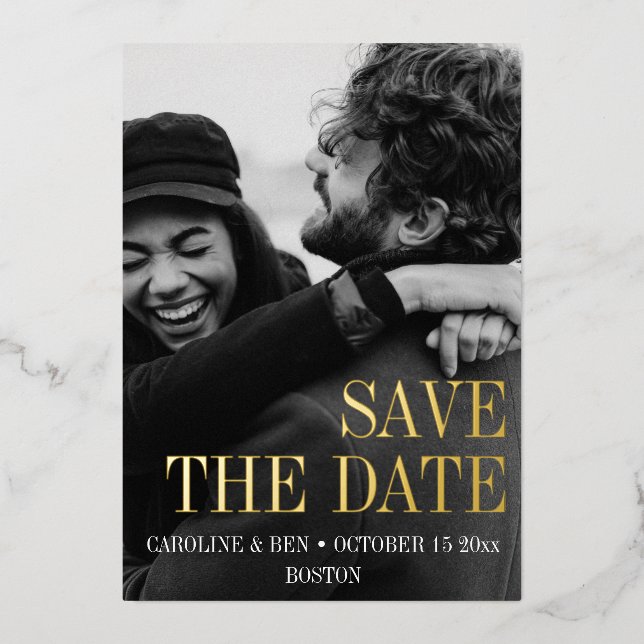 Elegant Modern Simple Vertical Photo Wedding Foil Invitation (Front)