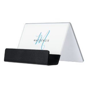 Elegant Modern Sky Blue Script Monogram Desk Business Card Holder