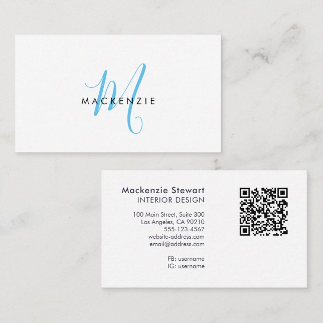 Elegant Modern Sky Blue Script Monogram QR Code Business Card (Front/Back)