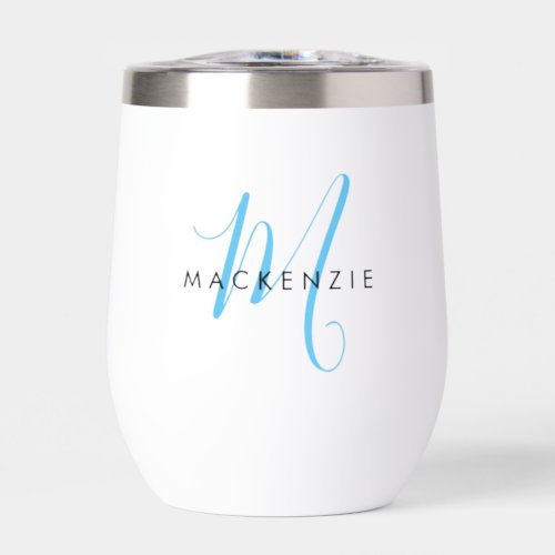 Elegant Modern Sky Blue Script Monogram Thermal Wine Tumbler