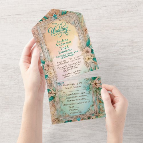 Elegant modern soft floral watercolor wedding all in one invitation