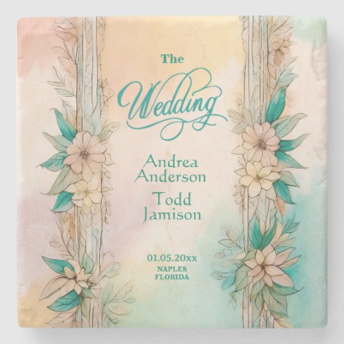 Elegant modern soft floral watercolor wedding stone coaster