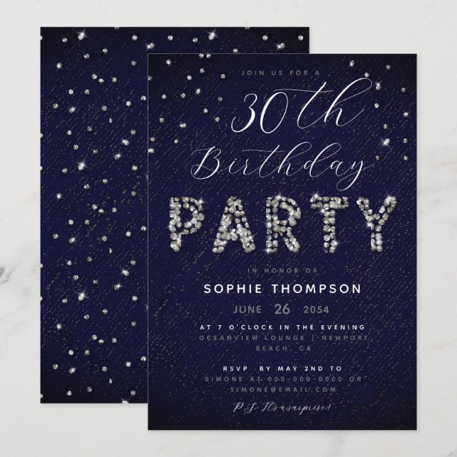 Elegant Modern Sparkle Glitter Blue Birthday Party Invitation (Front/Back)