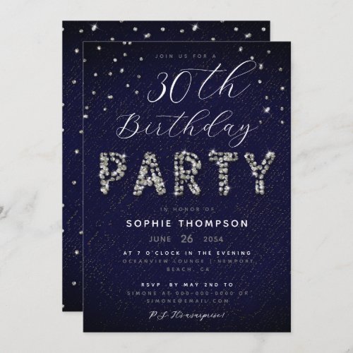 Elegant Modern Sparkle Glitter Blue Birthday Party Invitation