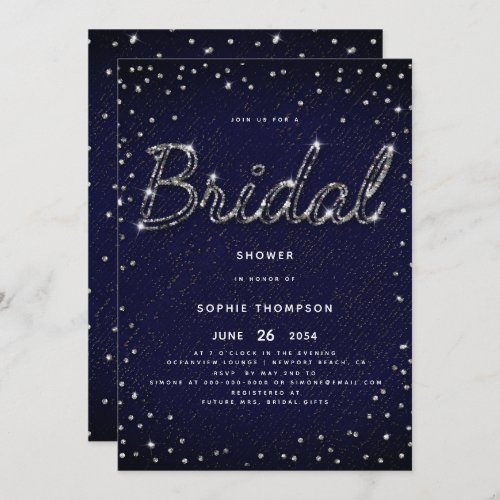 Elegant Modern Sparkle Glitter Navy Bridal Shower Invitation