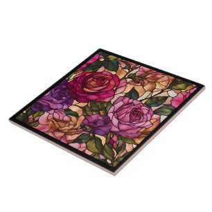 Elegant Modern Stained Glass Roses Collection Ceramic Tile