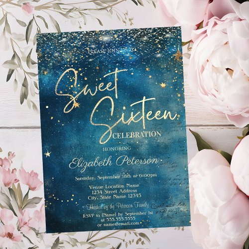 Elegant Modern Stars Blue Sweet 16 Invitation