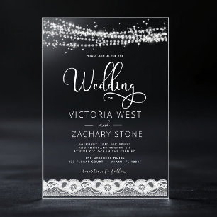 Elegant Modern String Lights Lace Wedding Acrylic Invitations