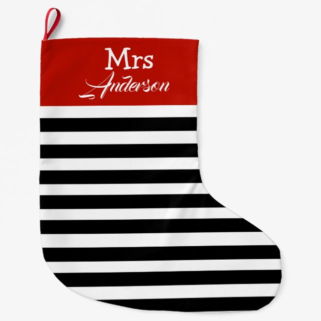 Elegant Modern Strip Christmas Mr  and Mrs Couple  Large Christmas Stocking (Front)