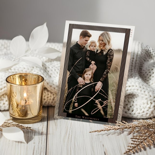 Elegant Modern Strip Frame Full Photo Joy Script  Foil Holiday Card (Elegant Modern Strip Frame Full Photo Joy Script Foil Holiday Card)