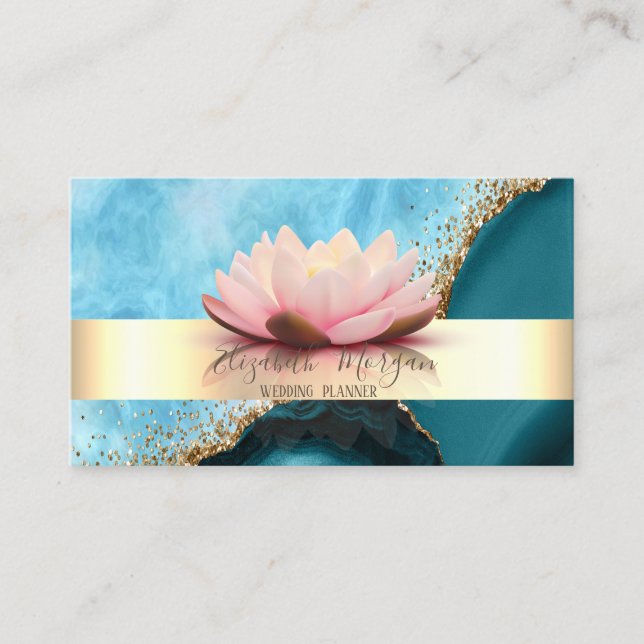 Elegant Modern Stripe Lotus  Turquoise Marble Gold Business Card (Front)