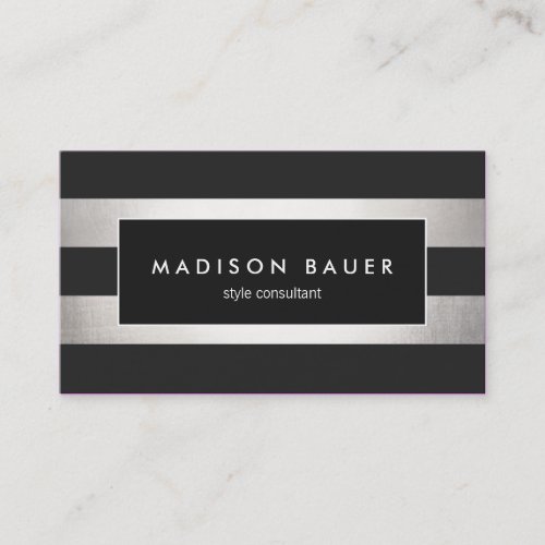 Elegant Modern Striped Black FAUX Silver Foil Business Card